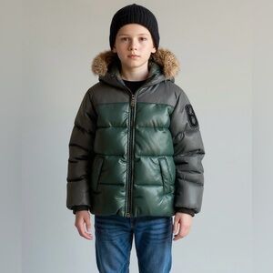 United Colors of Benetton Boys 7-8 Down Puffer Jacket‎ Faux Fur Hood Green Grey